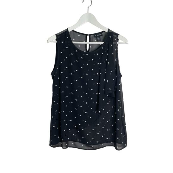 Ronen Chen Black Sheer Chiffon Size 8 White Polka Dot Sleeveless Ruffle Shirt - Picture 1 of 5